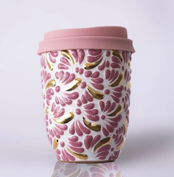 Cappuccino cup, Mexican coffee mug, Talavera pottery, Ceramic thermos with gold details - Image 5