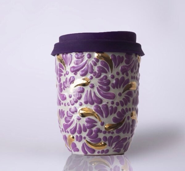 Cappuccino cup, Mexican coffee mug, Talavera pottery, Ceramic thermos with gold details - Image 6