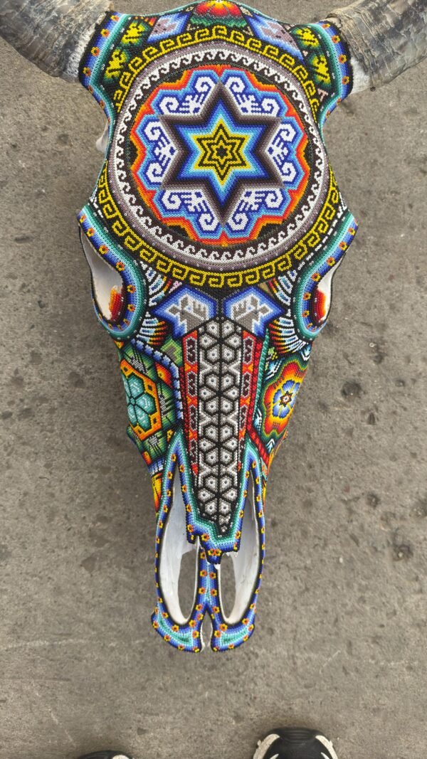 Bull Sculpture Huichol Statue Of Mexican Folk Art, Cow Wixarika As A Mexican Decorative Figure, Made Of Beads On Real Skull. “We Customize” - Image 3