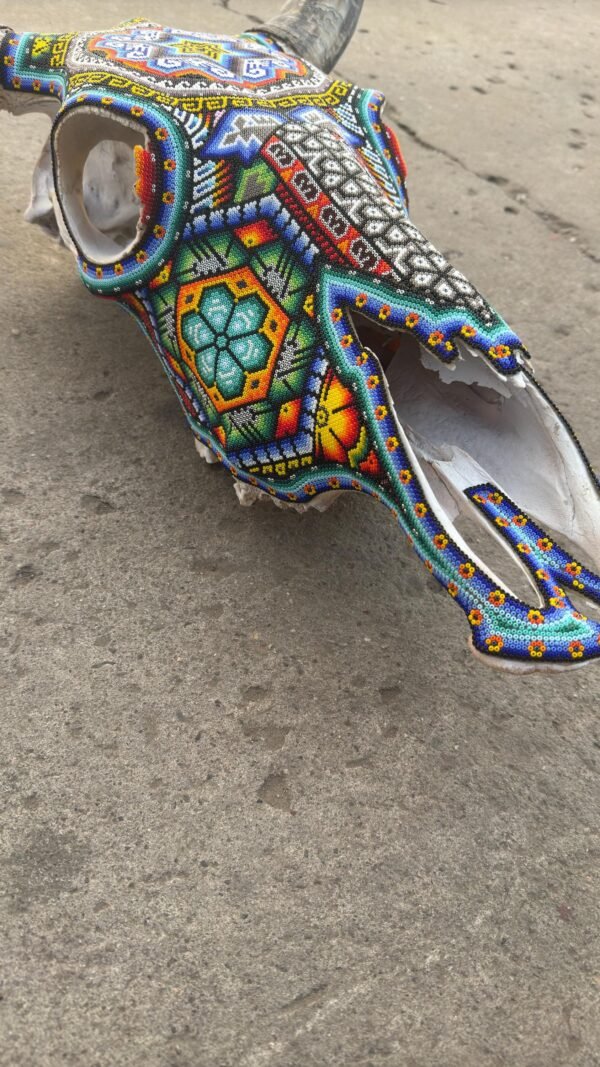Bull Sculpture Huichol Statue Of Mexican Folk Art, Cow Wixarika As A Mexican Decorative Figure, Made Of Beads On Real Skull. “We Customize” - Image 4