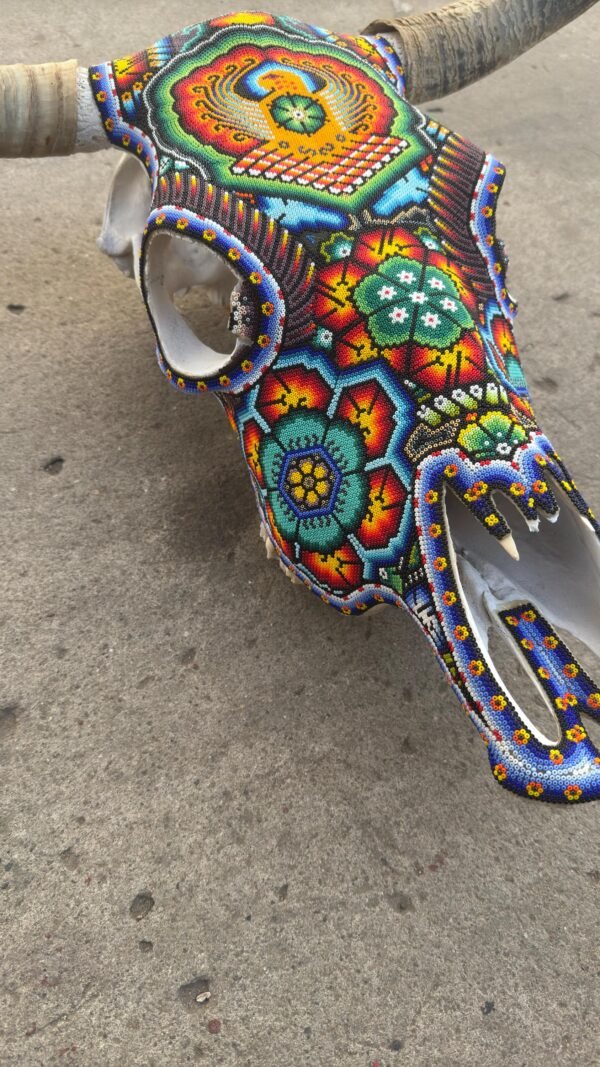 Bull Sculpture Huichol Statue Of Mexican Folk Art, Cow Wixarika As A Mexican Decorative Figure, Made Of Beads On Real Skull. “We Customize” - Image 4