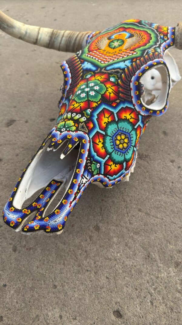 Bull Sculpture Huichol Statue Of Mexican Folk Art, Cow Wixarika As A Mexican Decorative Figure, Made Of Beads On Real Skull. “We Customize” - Image 5
