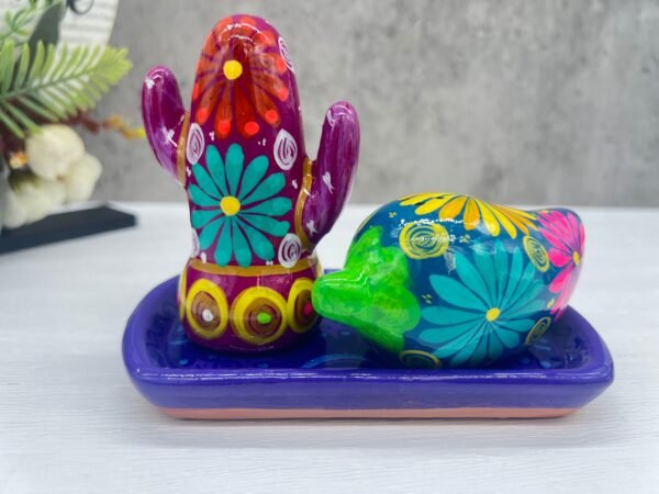 Salt And Pepper Shakers With Tray Made Of Clay Hand Painted Guerrero, Culture Of Mexico Salt And Pepper Set Lead Free Acrylic Paint - Image 3
