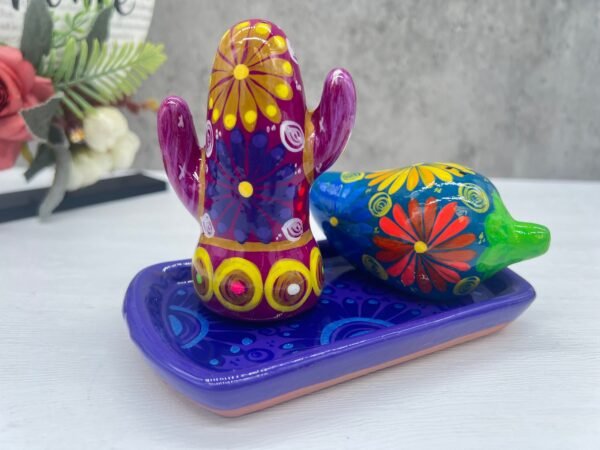 Salt And Pepper Shakers With Tray Made Of Clay Hand Painted Guerrero, Culture Of Mexico Salt And Pepper Set Lead Free Acrylic Paint - Image 4