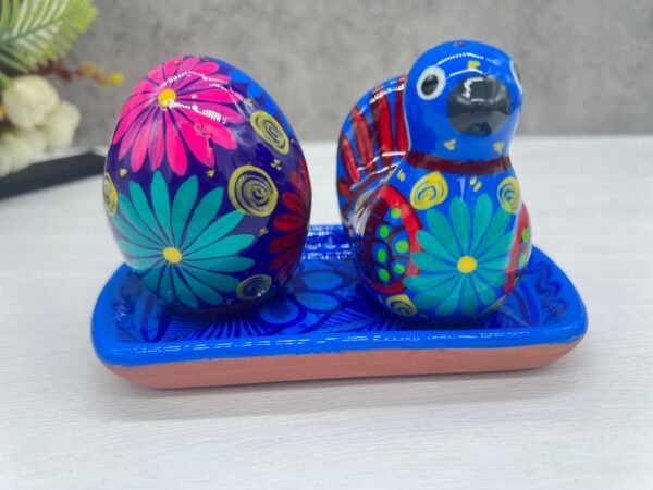 Salt And Pepper Shakers With Tray Made Of Clay Hand Painted Guerrero, Culture Of Mexico Salt And Pepper Set Lead Free Acrylic Paint - Image 3