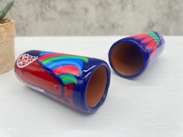 Tequila Shot Glasses (2) Pair Of Clay Hand Painted Guerrero, Culture Of Mexico in a Shot Glass Lead Free Acrylic Paint And Varnished - Image 3