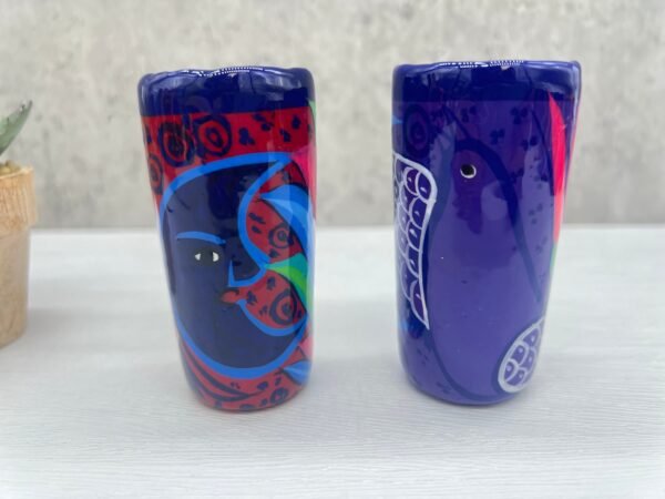 Tequila Shot Glasses (2) Pair Of Clay Hand Painted Guerrero, Culture Of Mexico in a Shot Glass Lead Free Acrylic Paint And Varnished - Image 4