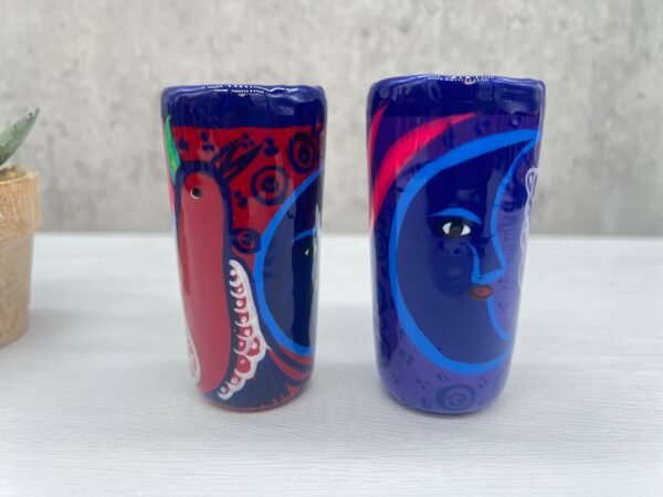 Tequila Shot Glasses (2) Pair Of Clay Hand Painted Guerrero, Culture Of Mexico in a Shot Glass Lead Free Acrylic Paint And Varnished - Image 5