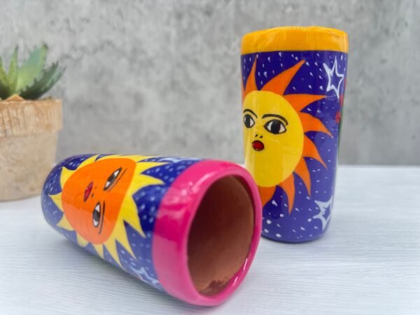 Tequila Shot Glasses (2) Pair Of Clay Hand Painted Guerrero, Culture Of Mexico in a Shot Glass Lead Free Acrylic Paint And Varnished - Image 4