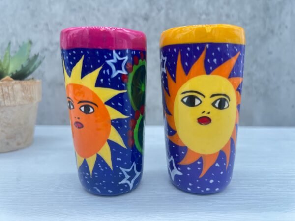 Tequila Shot Glasses (2) Pair Of Clay Hand Painted Guerrero, Culture Of Mexico in a Shot Glass Lead Free Acrylic Paint And Varnished - Image 6