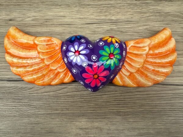 Clay Heart Wings Wall Hanging, Milagro Heart, Made Of Clay Hand Painted Sacred Heart, Guerrero Mexico Original Artisans Home Decor - Image 3