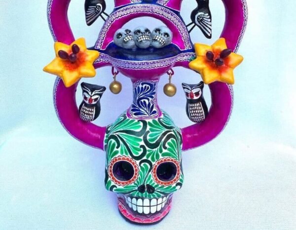 Skull Candle Holder, Tree of death, Candelabra, Arbol de la muerte, Mexican Pottery, Mexican Candelabra 9” High - Image 3