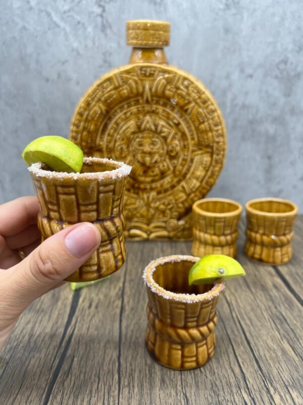 Gold Ceramic Aztec Calendar Tequila Shot Glass, Guadalajara Tequila and Mezcal, Unique Set as father's day gift, Tequila set of 8 pieces - Image 5