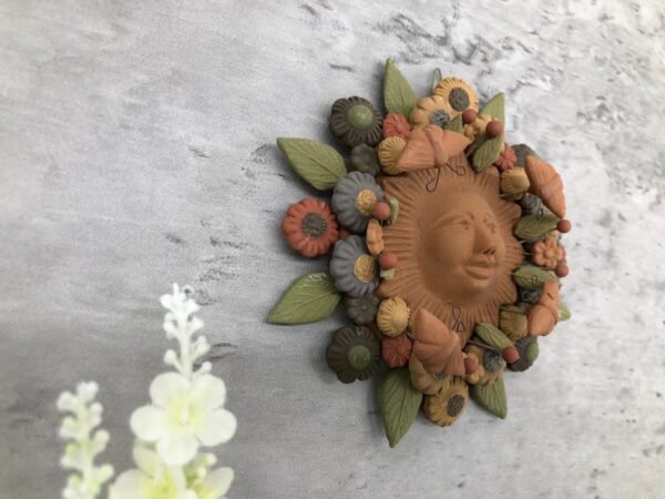 Sun Figurine With Butterflies Of Pigment Clay, Mexican Folk Art, Sun Sculpture With Hook For Wall Hanging Capula Michoacán Figurine - Image 3
