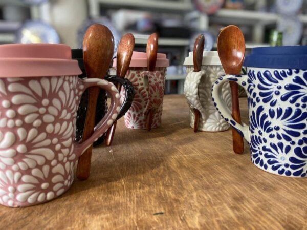 Cappuccino Cup, Wooden Spoon Mexican Coffee Mug, Puebla Talavera Pottery, Ceramic Thermos, Handmade Lead-Free, Custom Available - Image 4
