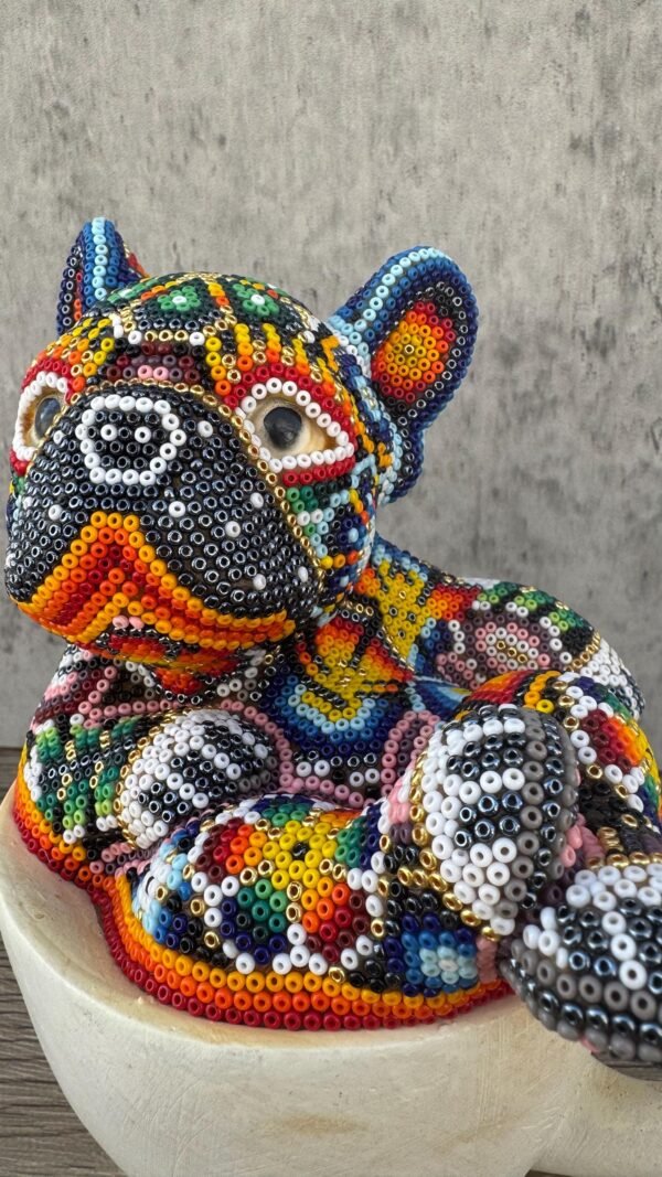 Dog Bulldog Statue Huichol Sculpture Of Mexican Folk Art, Pet Wixarika As A Mexican Decorative Figure, Made Of Resin And Beads - Image 3