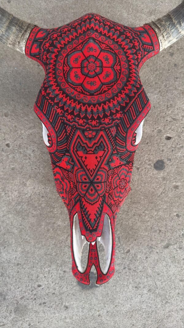 Bull Sculpture Huichol Statue Of Mexican Folk Art, Cow Wixarika As A Mexican Decorative Figure, Made Of Beads On Real Skull. “We Customize” - Image 3