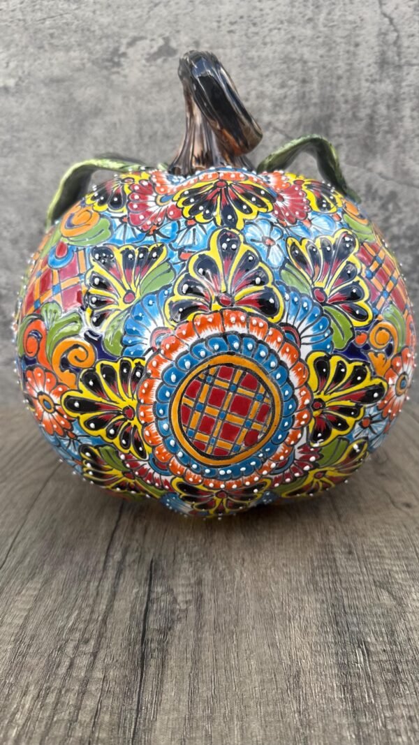 Talavera Halloween Pumpkin  Handmade Colorful  Ceramic Jack-O’-Lantern Artisan Pottery from Puebla Unique Fall & Day of the Dead Spooky Art - Image 5