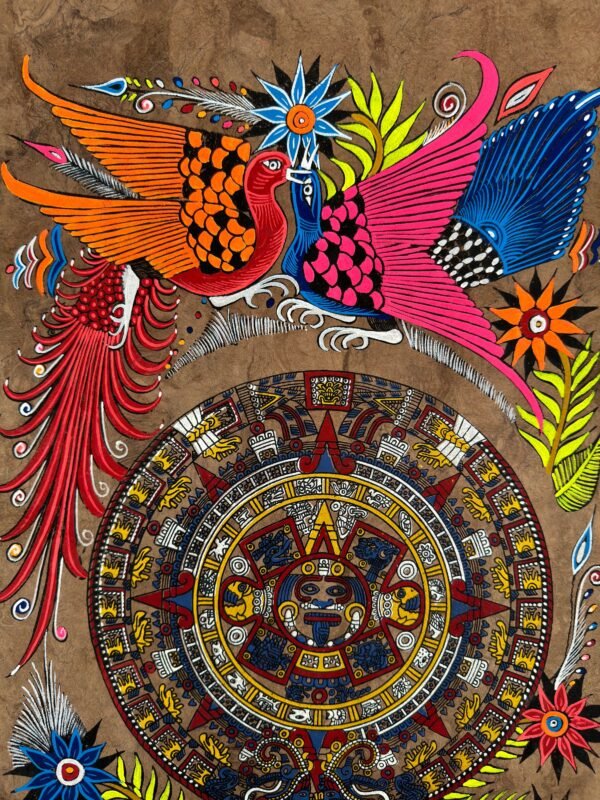 Aztec calendar painted on amate paper, original amate paintings in Mexican art, acrylic painting / Mexican painting authentic artisans. - Image 3