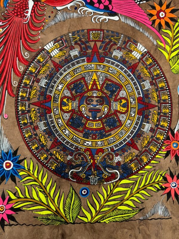 Aztec calendar painted on amate paper, original amate paintings in Mexican art, acrylic painting / Mexican painting authentic artisans. - Image 4