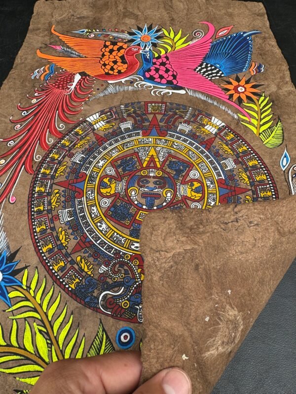 Aztec calendar painted on amate paper, original amate paintings in Mexican art, acrylic painting / Mexican painting authentic artisans. - Image 5