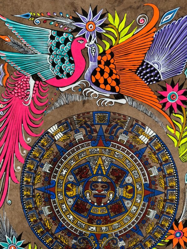 Aztec calendar painted on amate paper, original amate paintings in Mexican art, acrylic painting / Mexican painting authentic artisans. - Image 3