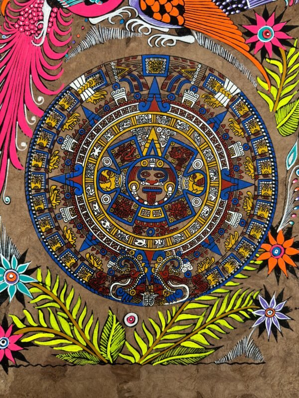 Aztec calendar painted on amate paper, original amate paintings in Mexican art, acrylic painting / Mexican painting authentic artisans. - Image 4