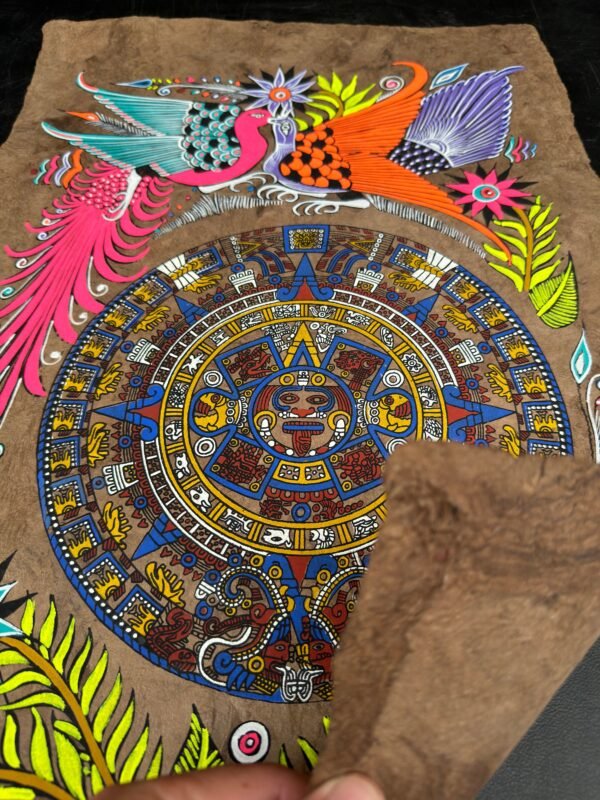 Aztec calendar painted on amate paper, original amate paintings in Mexican art, acrylic painting / Mexican painting authentic artisans. - Image 5