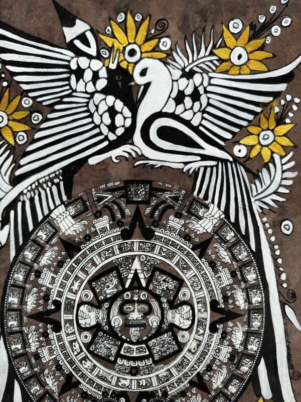Aztec calendar painted on amate paper, original amate paintings in Mexican art, acrylic painting / Mexican painting authentic artisans. - Image 3