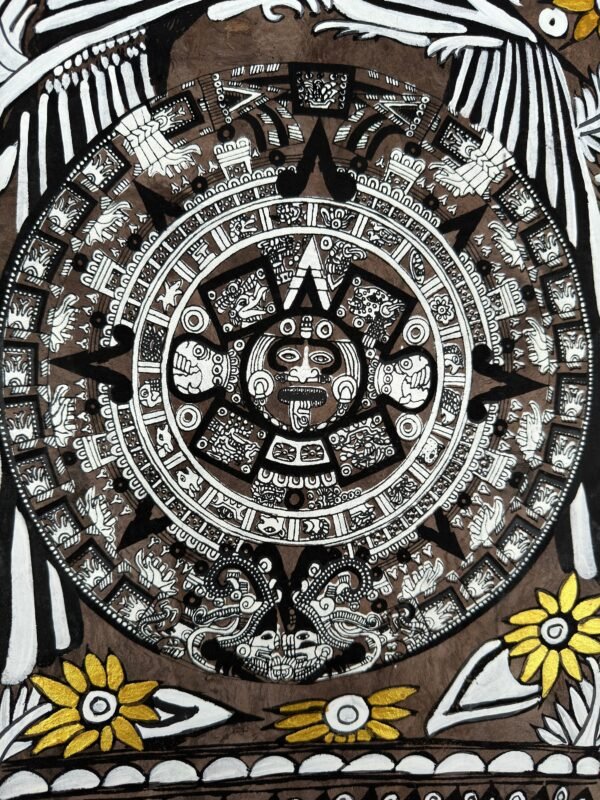 Aztec calendar painted on amate paper, original amate paintings in Mexican art, acrylic painting / Mexican painting authentic artisans. - Image 4