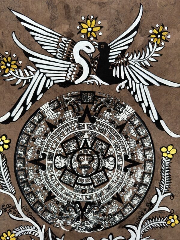 Aztec calendar painted on amate paper, original amate paintings in Mexican art, acrylic painting / Mexican painting authentic artisans. - Image 3
