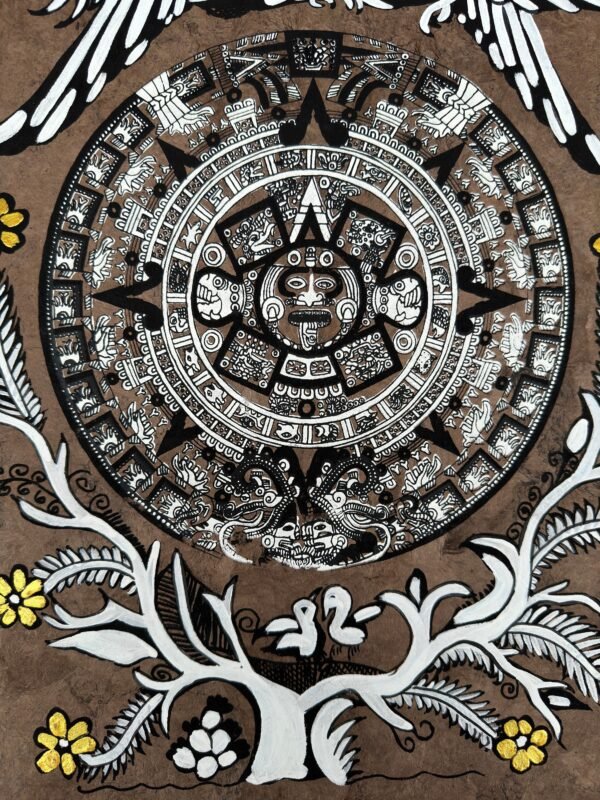 Aztec calendar painted on amate paper, original amate paintings in Mexican art, acrylic painting / Mexican painting authentic artisans. - Image 4