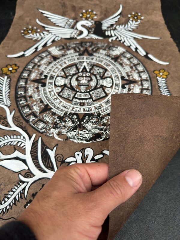 Aztec calendar painted on amate paper, original amate paintings in Mexican art, acrylic painting / Mexican painting authentic artisans. - Image 5