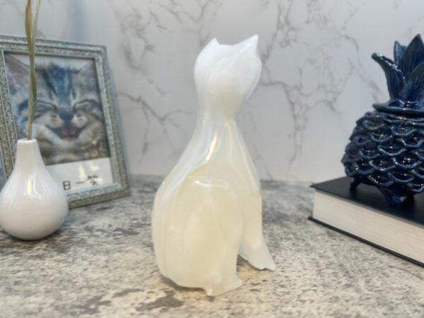 Cat statue, Cat figurine, Stone cat sculpture, Cat carving, White cat figurine, Carved stone animal - Image 4