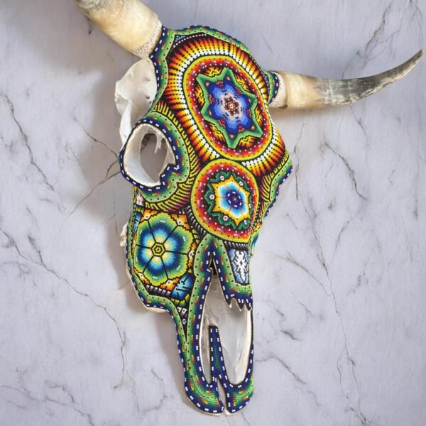 Bull Sculpture Huichol Statue Of Mexican Folk Art, Cow Wixarika As A Mexican Decorative Figure, Made Of Beads On Real Skull. “We Customize” - Image 3