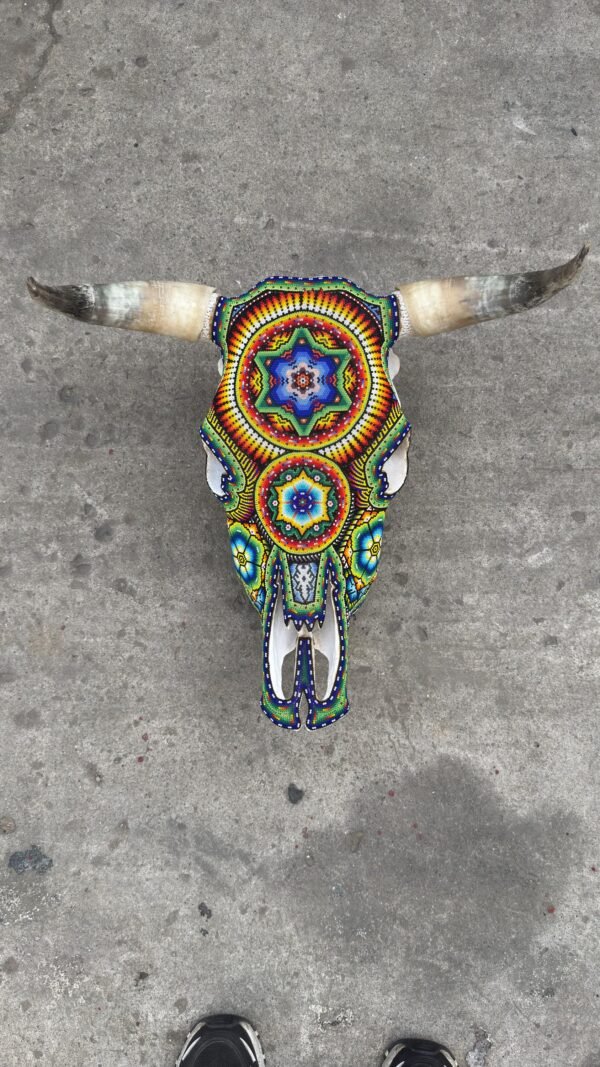 Bull Sculpture Huichol Statue Of Mexican Folk Art, Cow Wixarika As A Mexican Decorative Figure, Made Of Beads On Real Skull. “We Customize” - Image 4