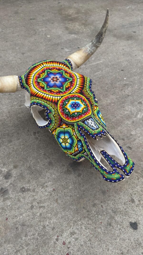 Bull Sculpture Huichol Statue Of Mexican Folk Art, Cow Wixarika As A Mexican Decorative Figure, Made Of Beads On Real Skull. “We Customize” - Image 5