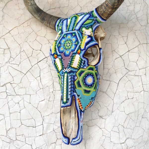 Bull Sculpture Huichol Statue Of Mexican Folk Art, Cow Wixarika As A Mexican Decorative Figure, Made Of Beads On Real Skull. “We Customize” - Image 3