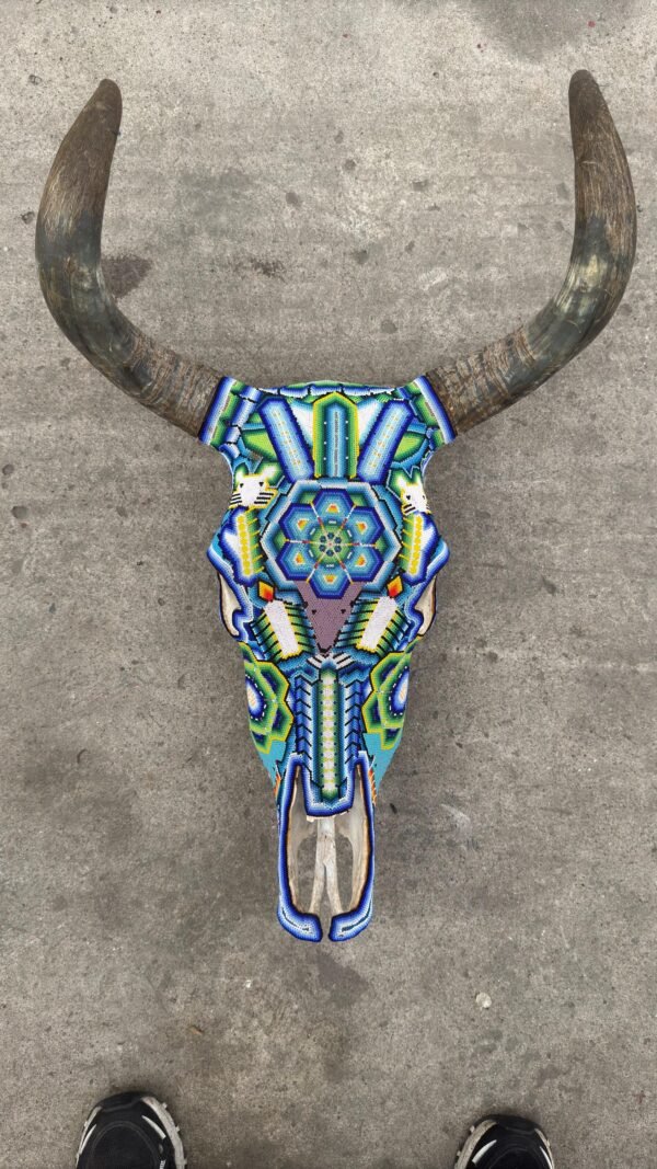 Bull Sculpture Huichol Statue Of Mexican Folk Art, Cow Wixarika As A Mexican Decorative Figure, Made Of Beads On Real Skull. “We Customize” - Image 4
