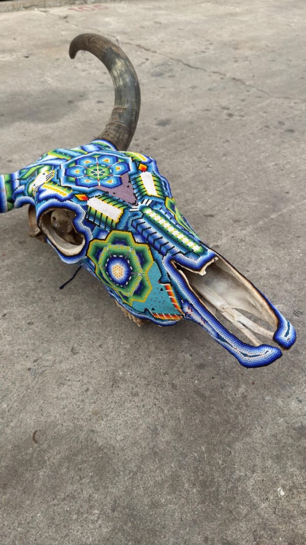 Bull Sculpture Huichol Statue Of Mexican Folk Art, Cow Wixarika As A Mexican Decorative Figure, Made Of Beads On Real Skull. “We Customize” - Image 5