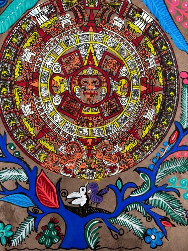 Aztec calendar painted on amate paper, original amate paintings in Mexican art, acrylic painting / Mexican painting authentic artisans. - Image 4
