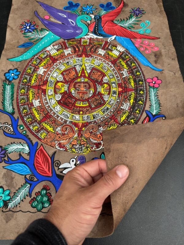 Aztec calendar painted on amate paper, original amate paintings in Mexican art, acrylic painting / Mexican painting authentic artisans. - Image 5