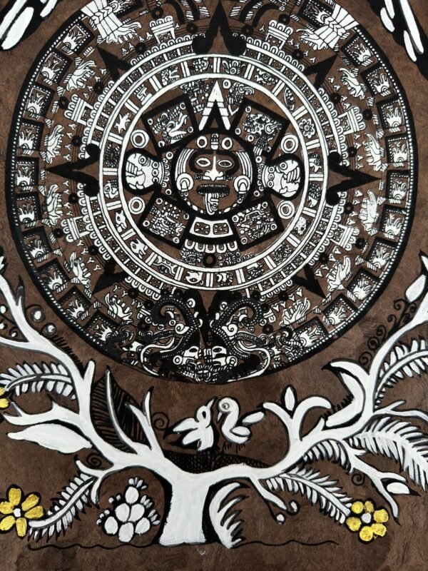 Aztec calendar painted on amate paper, original amate paintings in Mexican art, acrylic painting / Mexican painting authentic artisans. - Image 4