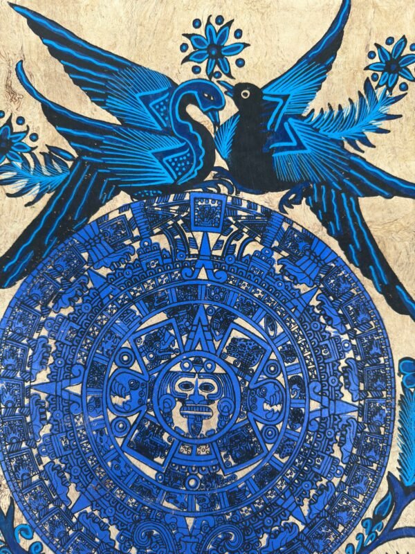 Aztec calendar painted on amate paper, original amate paintings in Mexican art, acrylic painting / Mexican painting authentic artisans. - Image 3