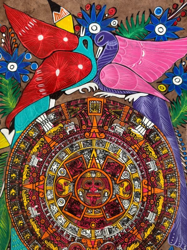 Aztec calendar painted on amate paper, original amate paintings in Mexican art, acrylic painting / Mexican painting authentic artisans. - Image 3