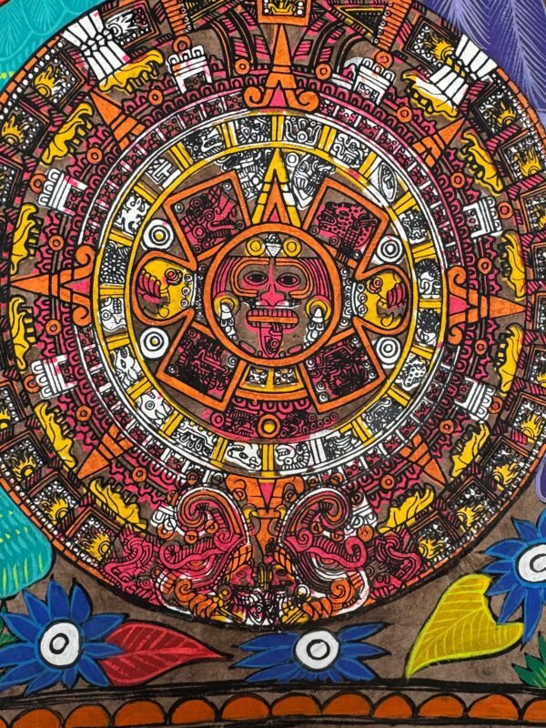 Aztec calendar painted on amate paper, original amate paintings in Mexican art, acrylic painting / Mexican painting authentic artisans. - Image 4