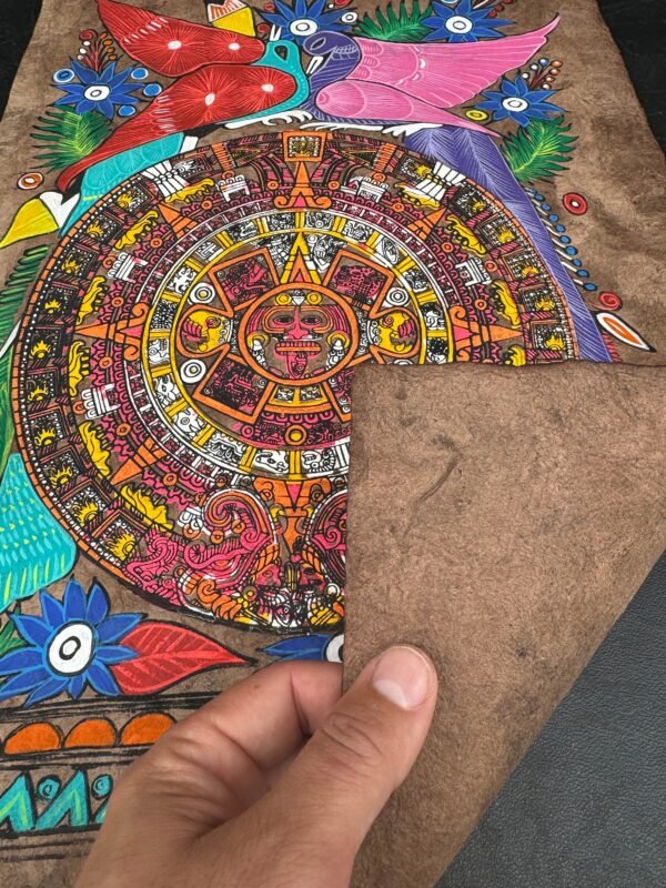 Aztec calendar painted on amate paper, original amate paintings in Mexican art, acrylic painting / Mexican painting authentic artisans. - Image 5