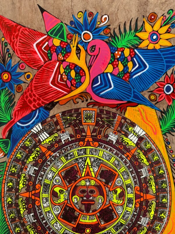 Aztec calendar painted on amate paper, original amate paintings in Mexican art, acrylic painting / Mexican painting authentic artisans. - Image 3