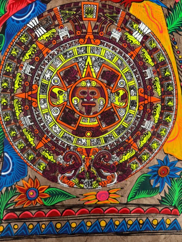 Aztec calendar painted on amate paper, original amate paintings in Mexican art, acrylic painting / Mexican painting authentic artisans. - Image 4