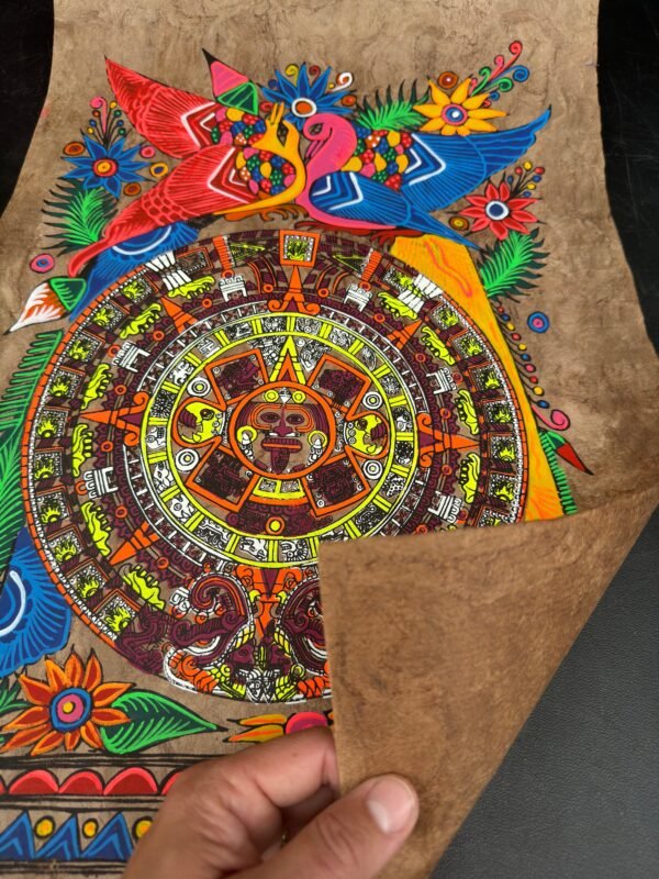Aztec calendar painted on amate paper, original amate paintings in Mexican art, acrylic painting / Mexican painting authentic artisans. - Image 5